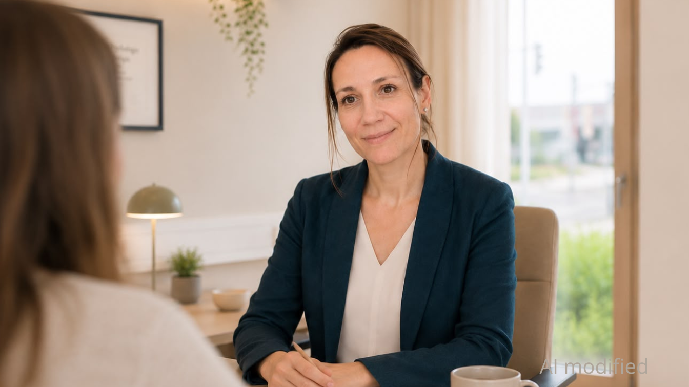 Dr. med. Elena Boettcher in ihrer Praxis im Gespräch mit einer Patientin beim Zuhören AI modified